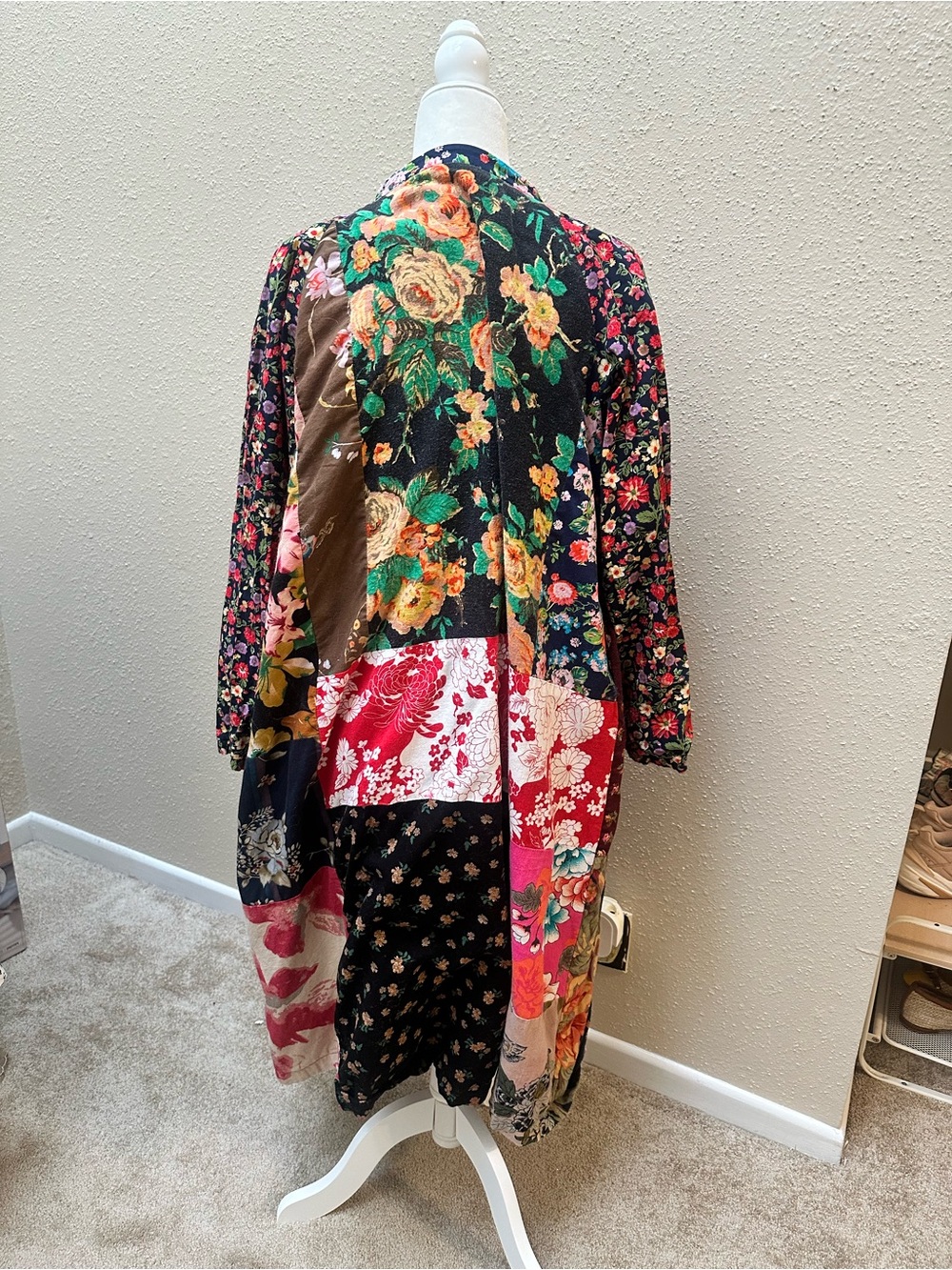 SOLD Linen Blend Patchwork Floral Duster Cardigan Jacket Boho Multicolor Artsy - Picture 3 of 8